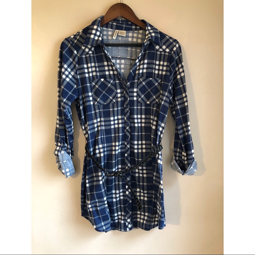 Long Button-down Top with Belted Waist